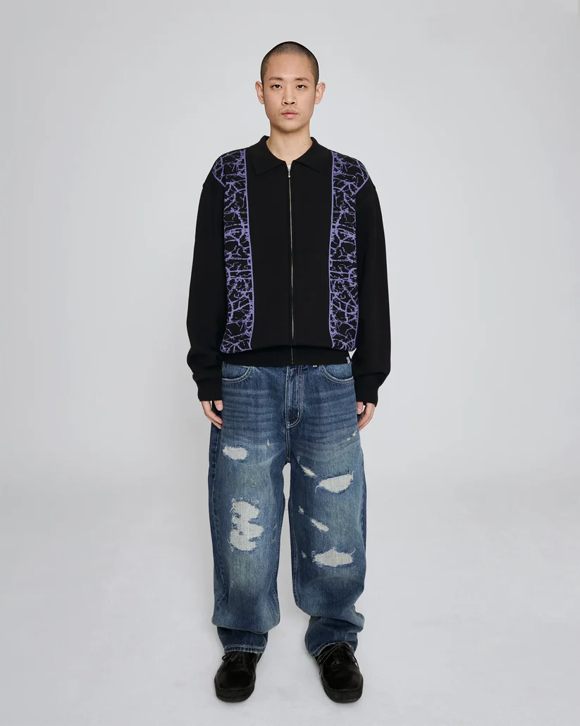 Knit Zip Up Polo Cardigan Black - Image 6