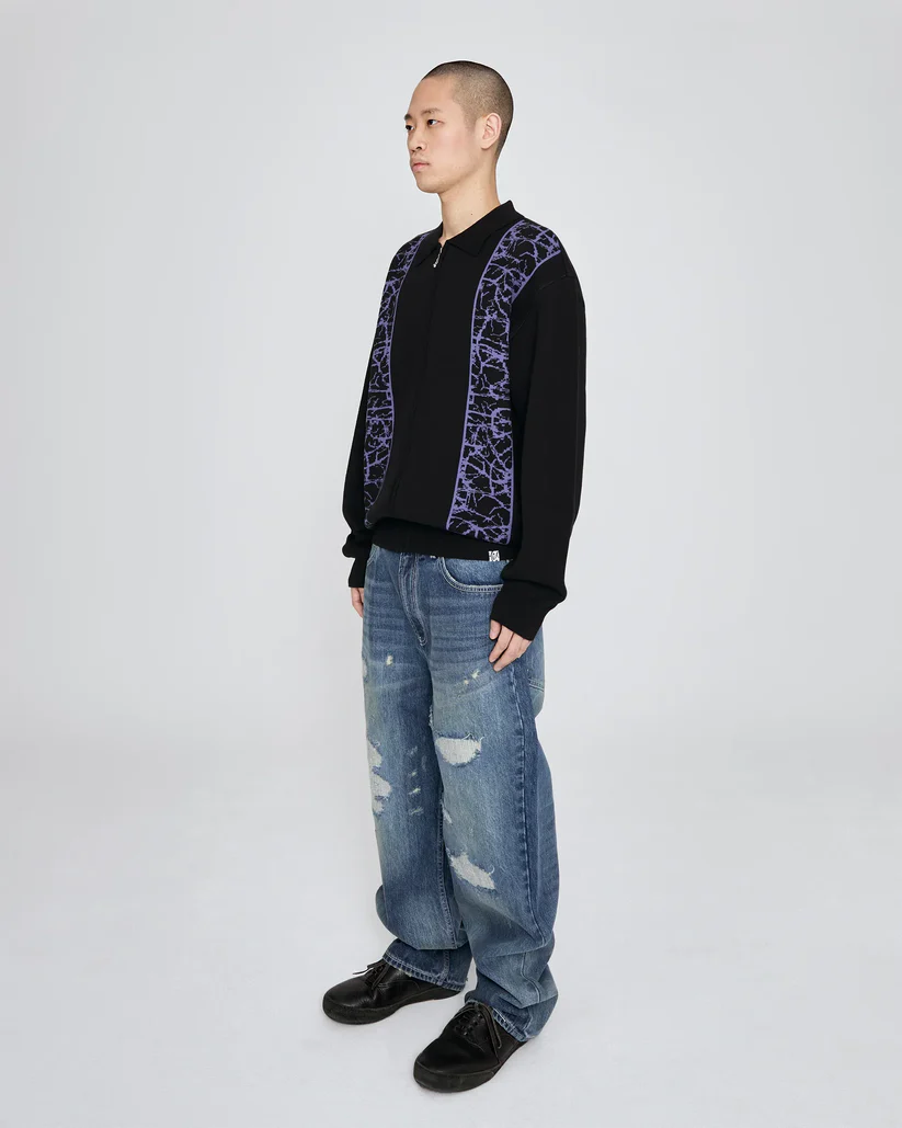 Knit Zip Up Polo Cardigan Black - Image 5