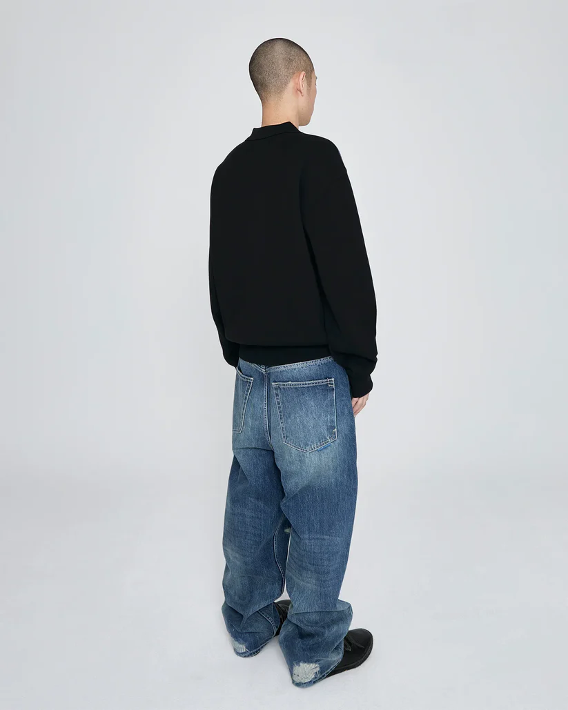 Knit Zip Up Polo Cardigan Black - Image 2