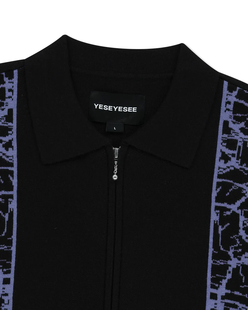 Knit Zip Up Polo Cardigan Black - Image 3