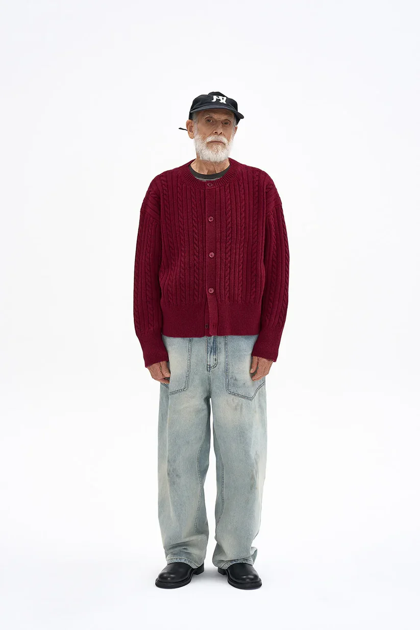 Crop Cable Wool Cardigan Red - Image 3