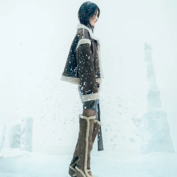 Asym Shearling Wedge Boots Brown