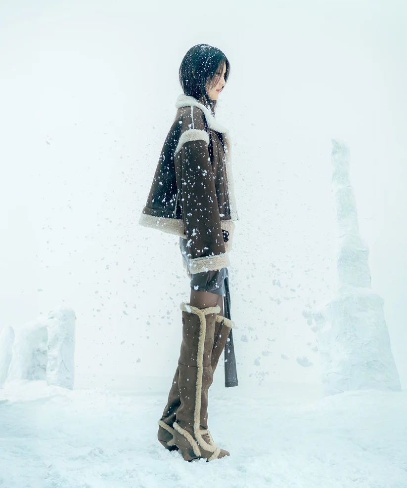 Asym Shearling Wedge Boots Brown