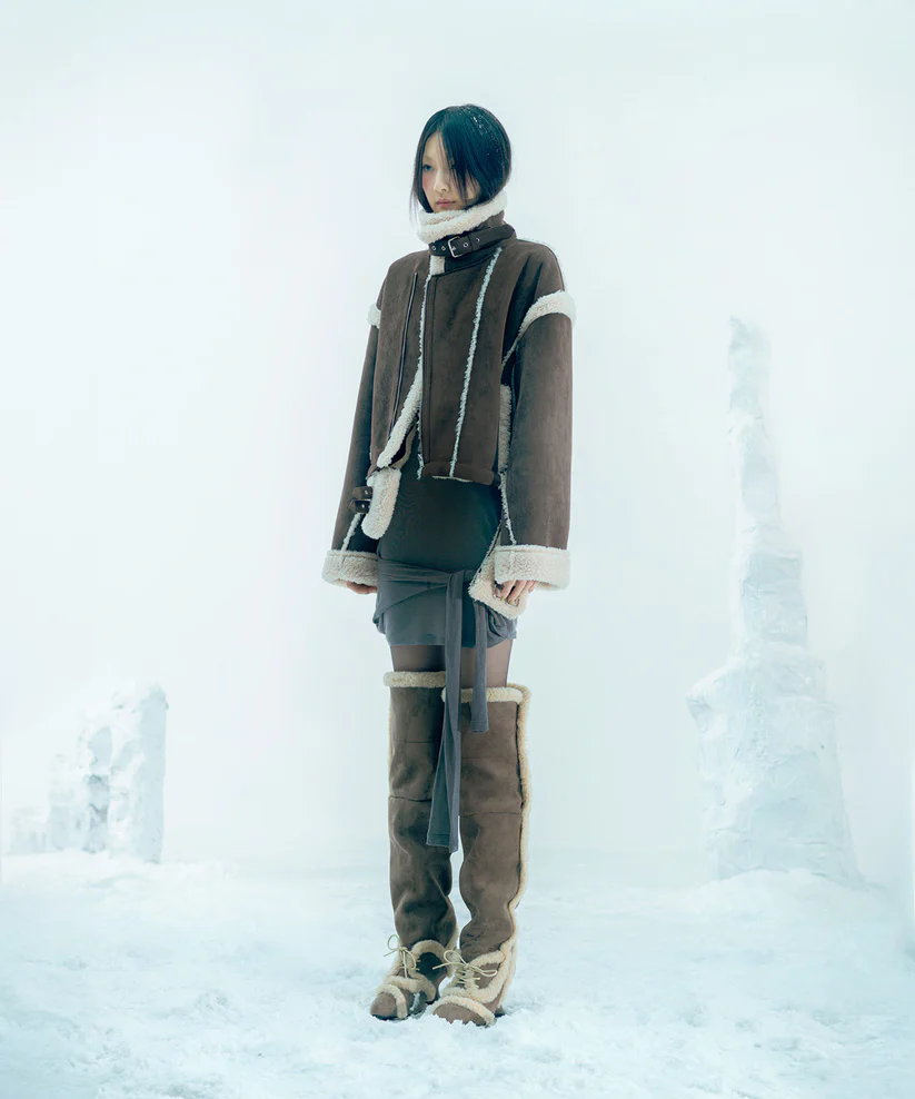 Asym Shearling Wedge Boots Brown - Image 8