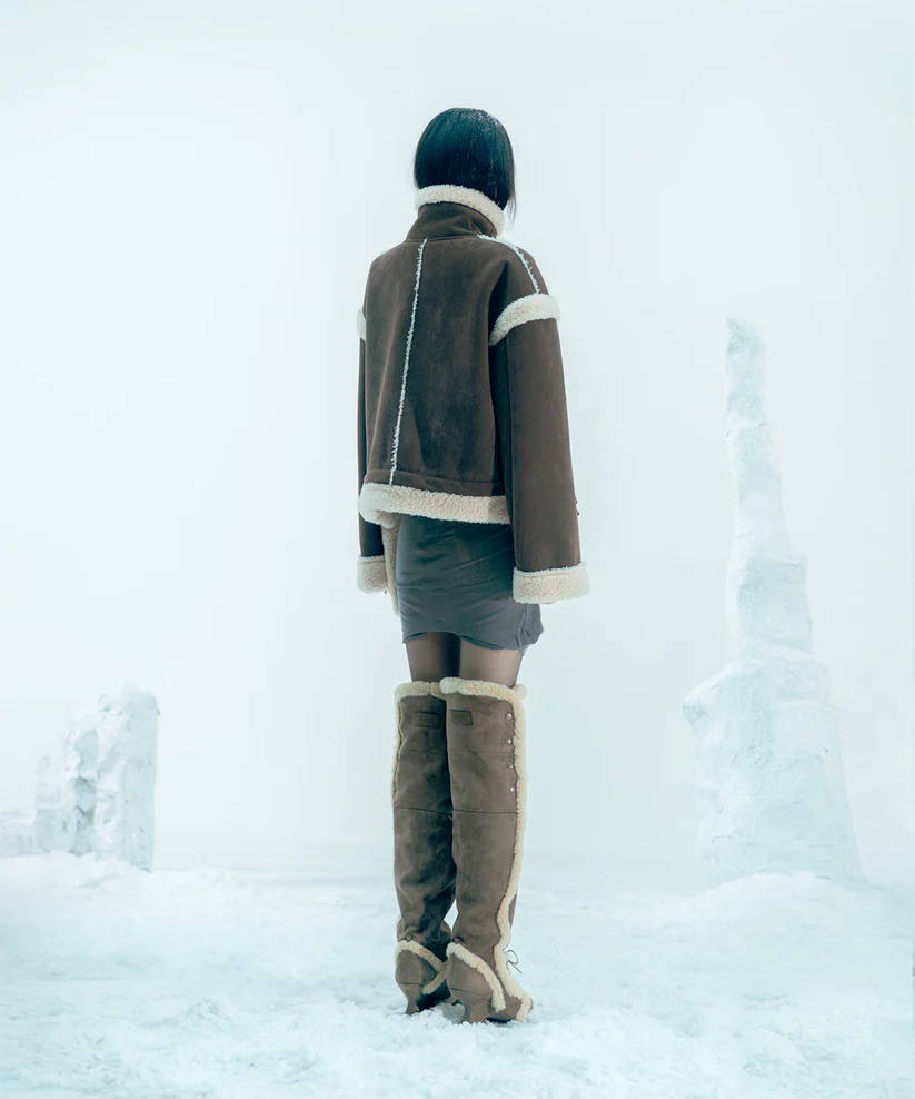 Asym Shearling Wedge Boots Brown - Image 7