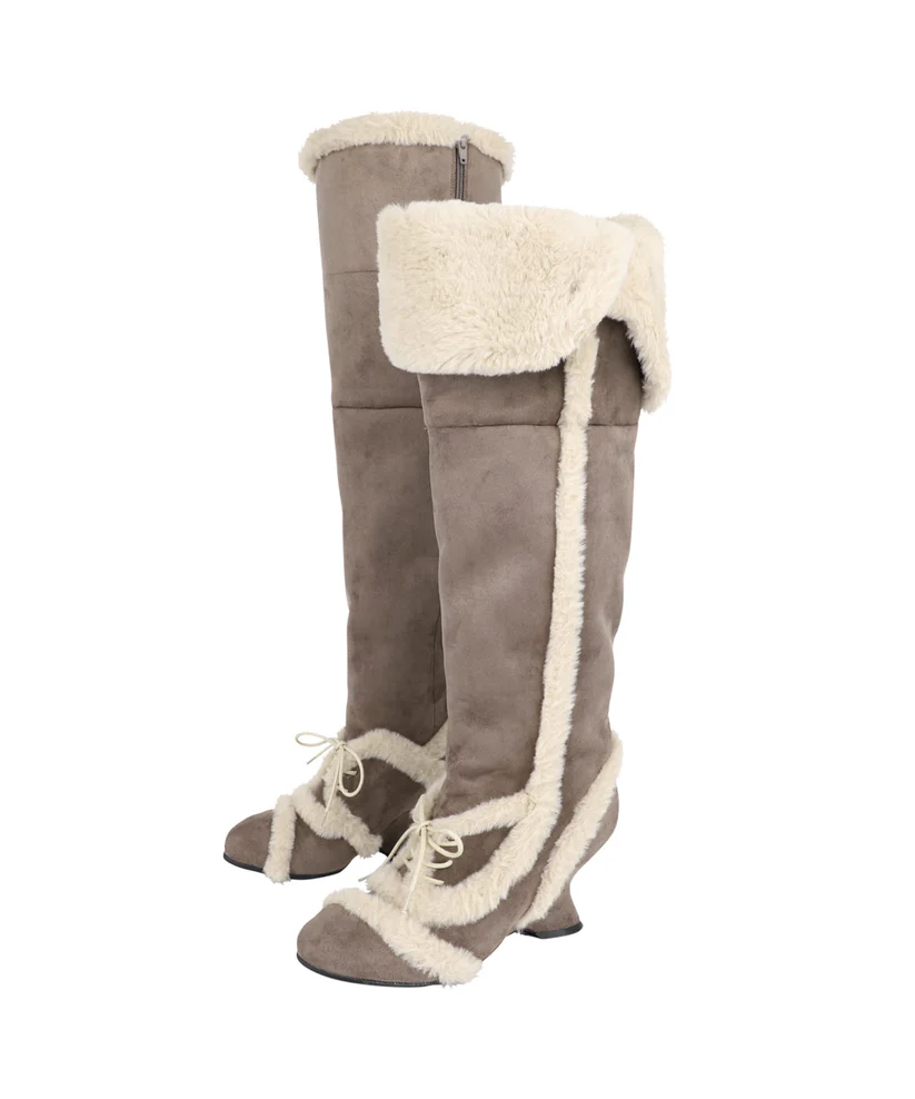 Asym Shearling Wedge Boots Brown - Image 6