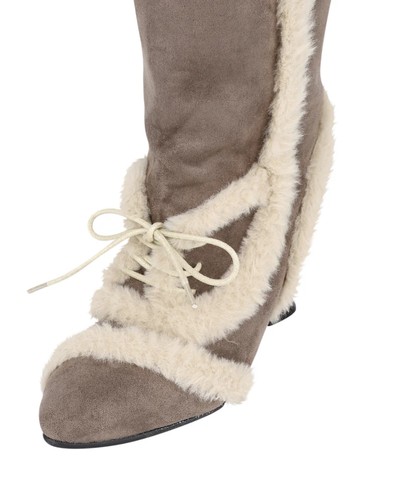 Asym Shearling Wedge Boots Brown - Image 3