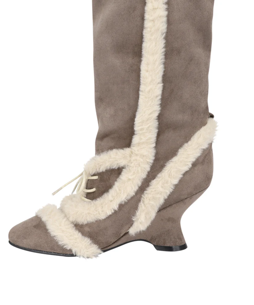 Asym Shearling Wedge Boots Brown - Image 2